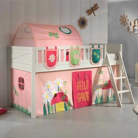 Conjunto cama alta Infantil SCOTT + cortina de brincar SPRING + Túnel + 3 bolsos de arrumação Branca