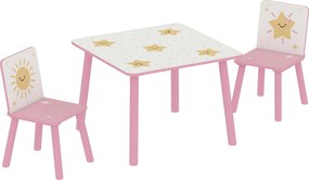 Mesa e Cadeiras para Crianças de 3 Peças Mesa Infantil com 2 Cadeiras em Madeira com Desenhos de Estrelas e Sol Rosa