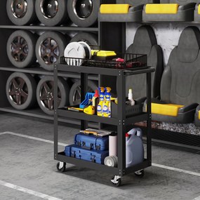 Carrinho de oficina com 3 prateleiras 70,5 x 35 x 82,5 cm, pega lateral e rodas bloqueáveis, preto
