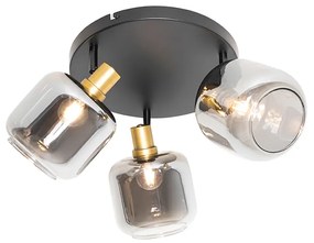 Foco de teto preto com dourado e vidro fumê 3 luzes - Zuzanna
