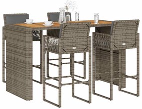 5 pcs conj. de bar jardim c/ almofadões vime PE/acácia cinzento