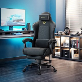 Cadeira gaming ergonómica para jogos com apoio para os pés e almofada de molas preta