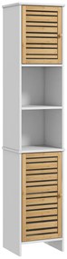 HOMCOM Coluna Casa de Banho Móvel Auxiliar Casa de Banho com Prateleiras Ajustáveis e Portas de Bambu 35x30x170 cm Branco e Madeira
