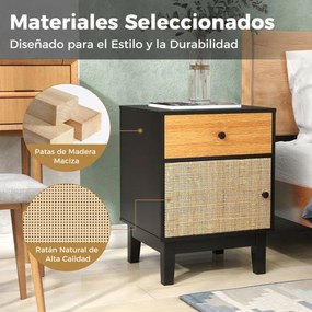 Mesa de cabeceira, Mesa de apoio de rattan moderna 40 x 39 x 55 cm com gaveta estilo Boho com pernas de madeira maciça Preto e Castanho