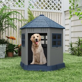 Casota para cães exterior com 2 janelas e claraboia, telhado inclinado, design tipo celeiro para animais de estimação pequenos e médios, azul + cinza