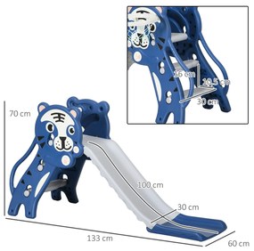 Escorrega para Crianças 2 em 1 com 2 Degraus Cesta de Basquetebol e Desenho de Tigre para Interior 133x60x70 cm Azul