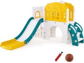 Escorrega infantil 9 em 1 com cesto de basquetebol, telescópio, ponte suspensa e túnel para 1+ anos 176 x 138 x 80 cm amarelo