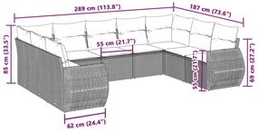9 pcs conj. sofás jardim com almofadões vime PE cinzento-claro