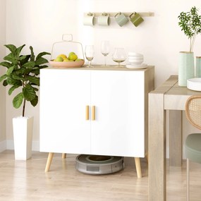 Aparador com puxadores de bambu, prateleira ajustável e base elevada – 76 x 41,2 x 74 cm, branco e cor madeira natural