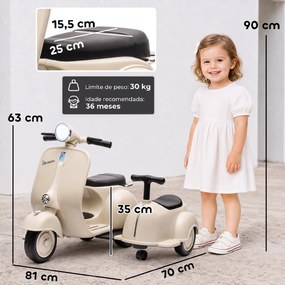 Mota Elétrica Infantil 6V VESPA com 2 Assentos Arranque Suave Luz Música USB e Arrumação Creme