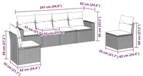 6 pcs conjunto de sofás jardim c/ almofadões vime PE castanho