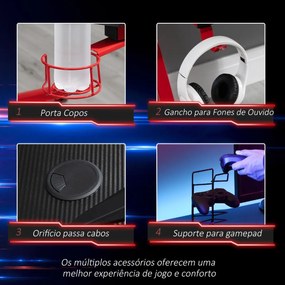 HOMCOM Secretária Gaming para Computador com Porta Copos Gancho para Fones de Ouvidos Suporte para Gamepad e 2 Orifícios Passa Cabos 122x66x76cm