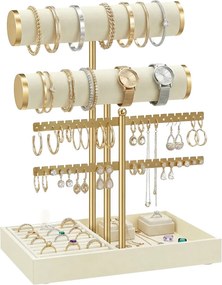 Porta-joias com suporte para anéis removível  15 x 22 x 29,2 cm Branco creme-dourado