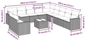 12 pcs conj. sofás jardim com almofadões vime PE cinzento-claro