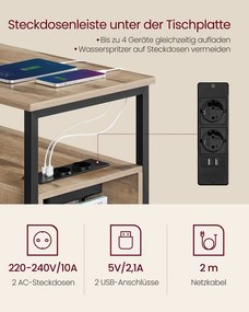 Mesa de apoio com 2 tomadas eléctricas 2 portas USB, 2 gavetas 60 x 35 x 61 cm castanho camelo-preto