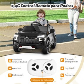 Carro elétrico com bateria de 12V para crianças SUV Chevrolet Taho com controlo remoto 2.4G Luzes de suspensão de mola Música Preto