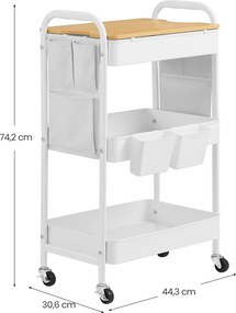 Carrinho cozinha 30,6 x 44,3 x 74,2 cm com 3 prateleiras de grelha metálica branco