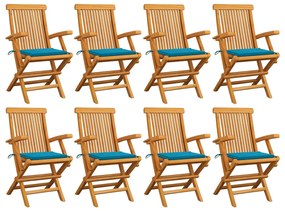 vidaXL Cadeiras de jardim c/ almofadões azuis 8 pcs teca maciça