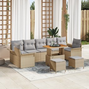 vidaXL Conjunto de Sofá de Jardim de 10 Peças com Almofadas Bege Rattan Poliéster Acácia