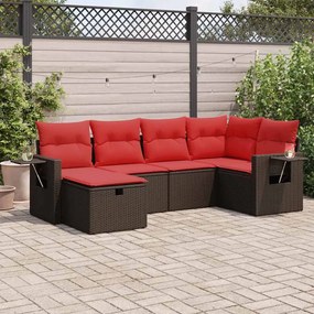 6 pcs conjunto de sofás jardim c/ almofadões vime PE castanho