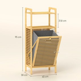 Armário para Roupa de Bambu Móvel Auxiliar para Casa de Banho 40x30x95 cm com 2 Prateleiras Abertas Cesto Amovível Madeira