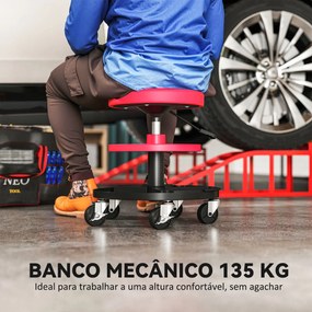 Banco de Oficina Giratório com Rodas Altura Ajustável de 40-51 cm Banco para Mecânico com 2 Bandejas para Ferramentas, Vermelho