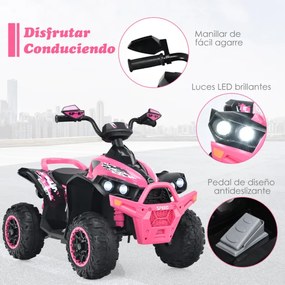 Moto 4 para crianças, bateria 12v, com velocidade ajustável, luzes led, pedal de música, 3-8 anos, 94x60x73 cm Rosa