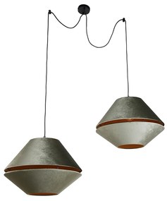 Candeeiro suspenso preto com abajur de veludo duplo verde com interior dourado 2 luzes - Cava Luxe Clássico / Antigo