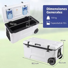 Geleira Portátil com Rodas, 82,5 x 43 x 41,5 cm, Capacidade de 70 L, Branco