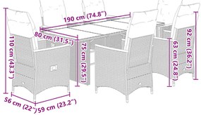 7 pcs conjunto bistrô de jardim c/ almofadões vime PE cinza