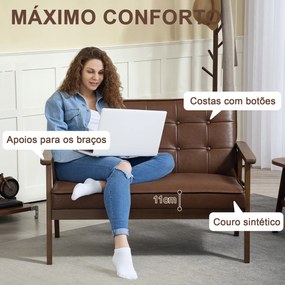 Sofá de 2 Lugares Estofado em Couro PU com Apoio para os Braços de Madeira para Sala de Estar Dormitório115x70x81 cm Castanho