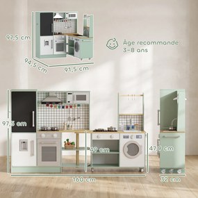 Cozinha infantil de brincar 160 x 32 x 97,5 cm, micro-ondas, forno, tabuleiro giratório com Rodas, verde claro