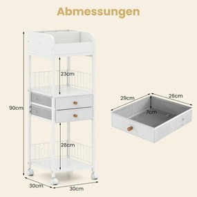Carro organizador de cuidados maquilhagem 30 x 30 x 90 cm com a pele com gavetas e prateleiras de armazenamento com rodas Branco
