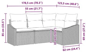 Conjunto de sofá de jardim com 4 peças e almofadas cinza claro em ratt