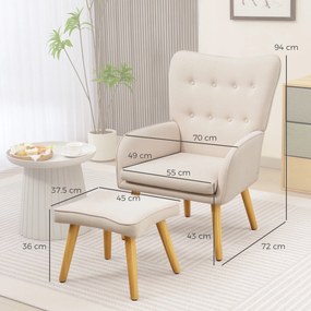 Poltrona com Apoio para Pés Poltrona de Leitura com Capitonê Pés de Madeira e Revestimento em Linho 70x72x94 cm Bege