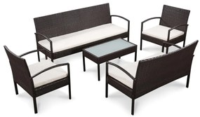 5 pcs conjunto lounge jardim c/ almofadões vime PE castanho