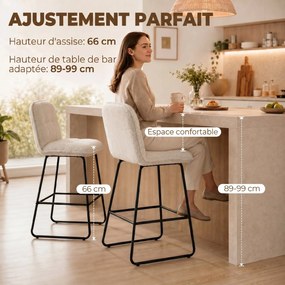 Conjunto de 2 bancos de bar, cadeiras de bar estofadas em tecido bouclé, assento extragrande com 66 cm de altura, cor creme
