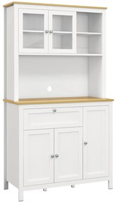 HOMCOM Armário de Cozinha com 5 Portas Prateleiras Ajustáveis Gaveta e Bancada para Micro-Ondas 100x40x180 cm Branco e Madeira | Aosom Portugal