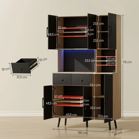Armário de cozinha com iluminação LED RGB, bancada, 6 portas e 2 gavetas, 100 x 40 x 176 cm, preto
