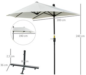 Chapéu de Sol de Parede 190x200x240cm Chapéu de Sol de Jardim com Manivela Mastro de Aço Base Cruzada e Proteção Solar para Terraço Balcão Creme