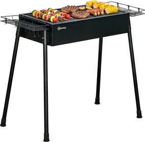 Outsunny Barbecue Carvão Portátil 2 Grelhas Aço Inoxidável 2 Prateleiras Ganchos Cozinha Exterior 77x30x70 cm Preto | Aosom Portugal