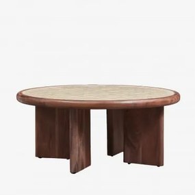 Mesa De Centro Redonda Ø80 Cm Em Madeira De Acácia E Azulejos Aitana Tapioca Bege - Castanho-acácia Escuro - Sklum