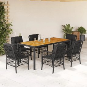 7 pcs conjunto de jantar p/ jardim c/ almofadões vime PE preto