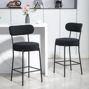 Conjunto de 2 bancos de bar em tecido felpudo, bancos de bar com encosto curvo e apoio para os pés, 49 x 52 x 95 cm, preto