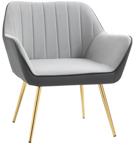 HOMCOM Poltrona de Sala de Estar Estofada em Couro Sintético e Veludo com Apoios para os Braços Pés Dourados 64x62x72,5 cm Cinza