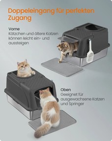 Caixa de areia em aço inoxidável com pá e escova para gatos grandes  61 x 41 x 36,5 cm Preto