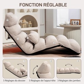 Poltrona individual conversível 58 x 119 x 78 cm com encosto e apoio para a cabeça ajustáveis em 5 posições, bege