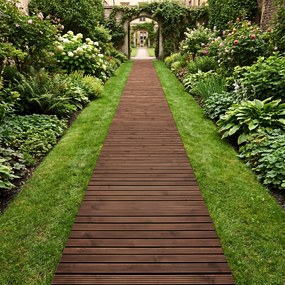 Caminho de jardim em madeira de abeto, enrolável, 367 x 55 x 15 cm, superfície antiderrapante para quintal, terraço e ambientes cor castanho