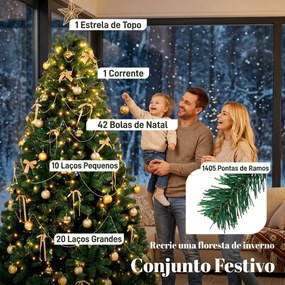 Árvore de Natal Decorativa 230 cm com 296 LED 1405 Ramos Ignífugos Estrela 42 Bolas 30 Laços e Decoração Dourada Verde