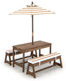 Mesa de piquenique jardim para crianças com guarda-sol com almofadas Castanho